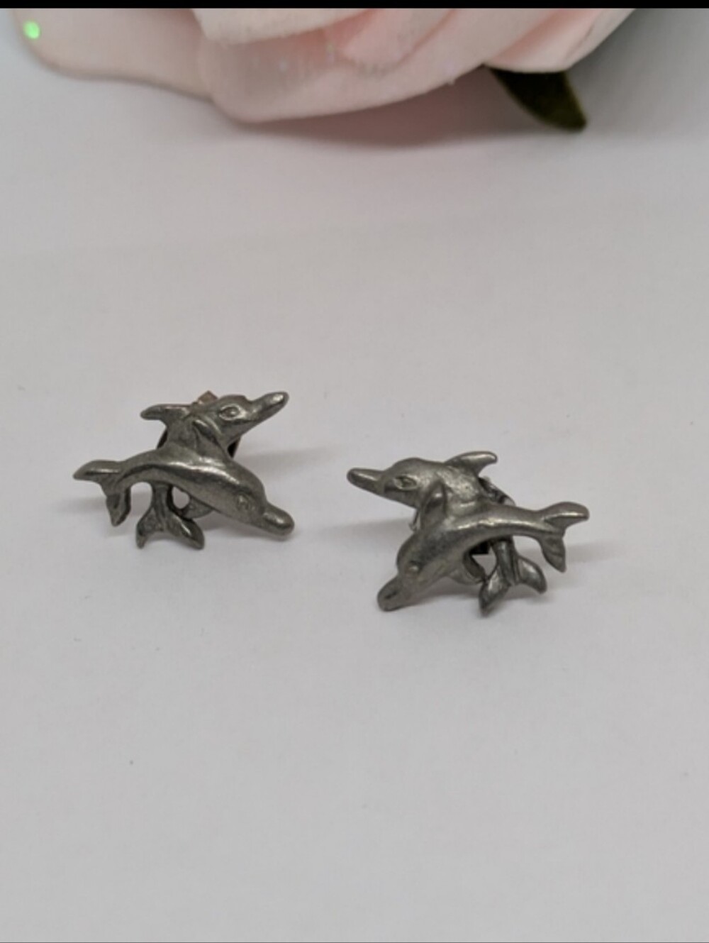 Dolphin Stud Earrings Cute Ocean Animal Accessory Silver Tone Pewter Finish
